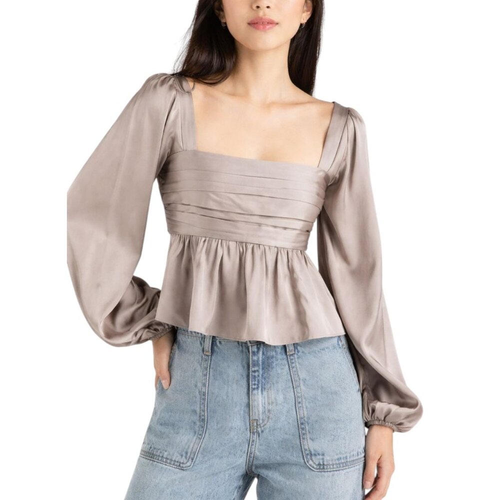 Abercrombie & Fitch Emerson Satin Top Womens M Taupe Smocked Chic Cottage Party